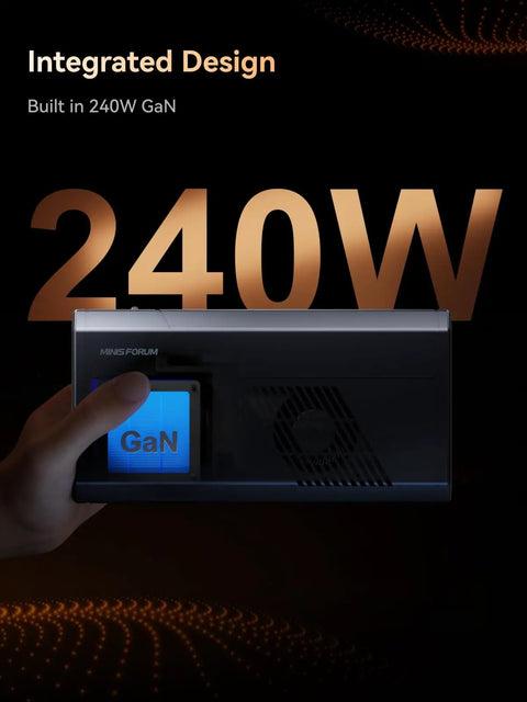 Next Level External GPU Docking Station With AMD Radeon 7600M XT Graphics And Eight GB Memory, showcasing 240W GaN power module, held in hand.