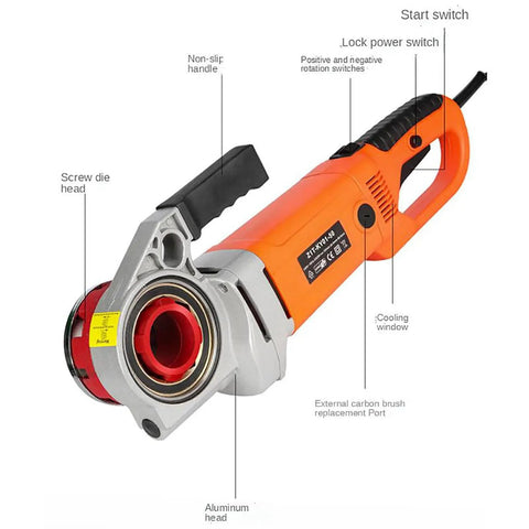 Heavy Duty Portable Electric Pipe Threading Machine With 2300W Copper Motor and Six Interchangeable Dies showing aluminum head and non-slip handle.