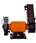Compact vertical belt sander and bench grinder combo with orange motor, designed for DIY polishing and sharpening tools.