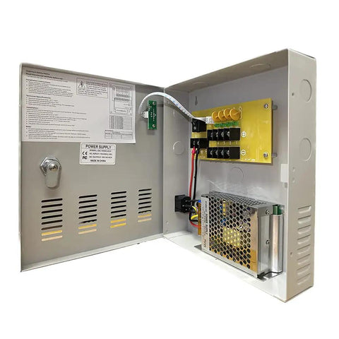 Beefed Up Nine Channel High Power CCTV Camera Power Distribution Box With 12V DC 10A Output PTC Protection Lockable Panel Open View
