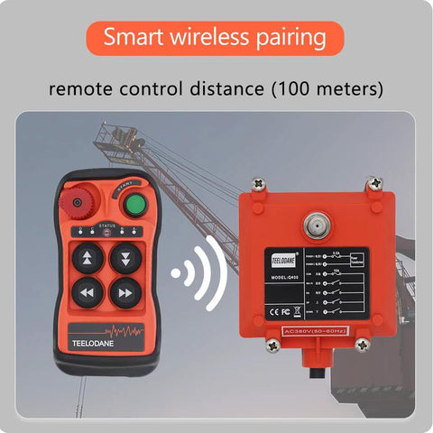 Q400 TEELDANE wireless crane remote kit: orange 4-button transmitter and red receiver.