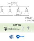 Diagram of Slick Broadway 30 Inch Modern Industrial 4 Light Fixed Track Lighting Kit with dimensions and bulb details
