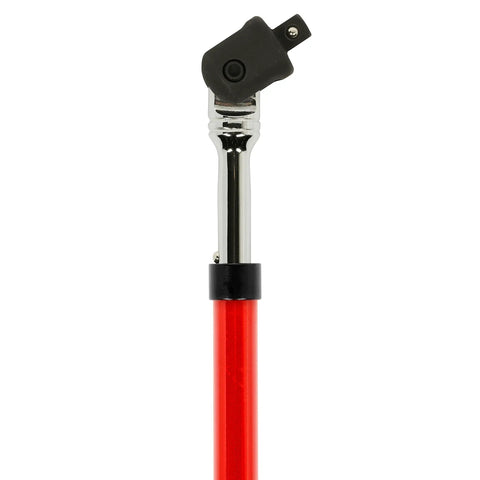 Close-up of Dual Head Extendable Breaker Bar with 3/8 and 1/2 Inch Drive, red handle, telescoping, twist lock