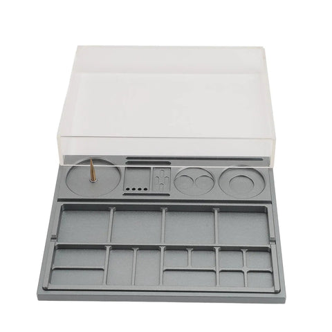 Watch Parts Organizer And Movement Tray With Dust Cover Handy Repair Box For Screw Parts And Tools Alloy Steel Tray Plus Acrylic Dust Shield Balance Wheel Clamp Support Great For DIY Watch Repairs And Craft Storage