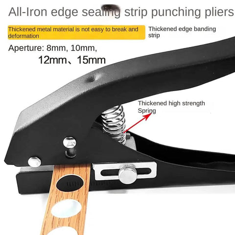 Black handheld paper punch demonstrating 12mm circle hole punch for ID cards and PVC badges with metal spring.