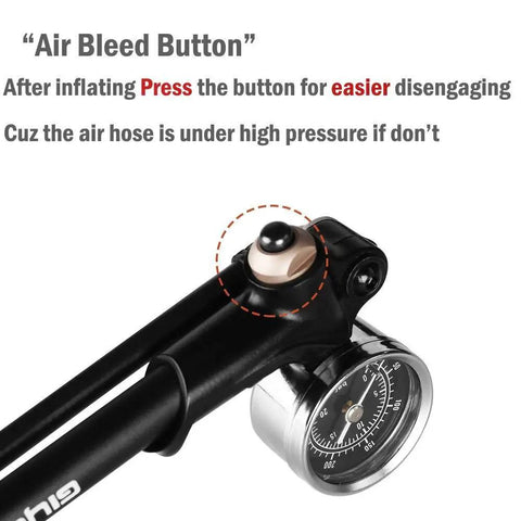 Air bleed button detail on Dope High Pressure Shock Pump For Fork And Rear Suspension 300 PSI Max Lever Lock Nozzle Reduces Air Loss Schrader Valve