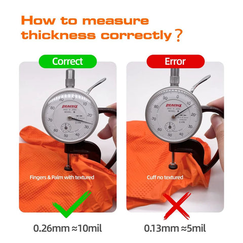 ANBOSON 10 mil diamond-textured nitrile gloves thickness infographic; textured fingers/palm 0.26mm vs cuff 0.13mm
