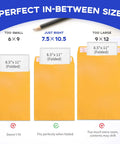 Comparison of envelope sizes, highlighting Open End Manila Envelopes 7.5 By 10.5 Inches Yellow 100 Pack With Peel And Seal Closure.