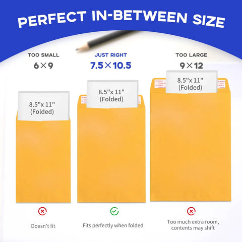 Comparison of envelope sizes, highlighting Open End Manila Envelopes 7.5 By 10.5 Inches Yellow 100 Pack With Peel And Seal Closure.