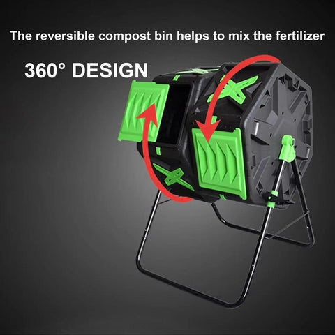 Dual Chamber Tumbler Compost Bin With 140L Capacity Outdoor Garden No Sweat Spin Rotation Sturdy Steel Frame for composting.