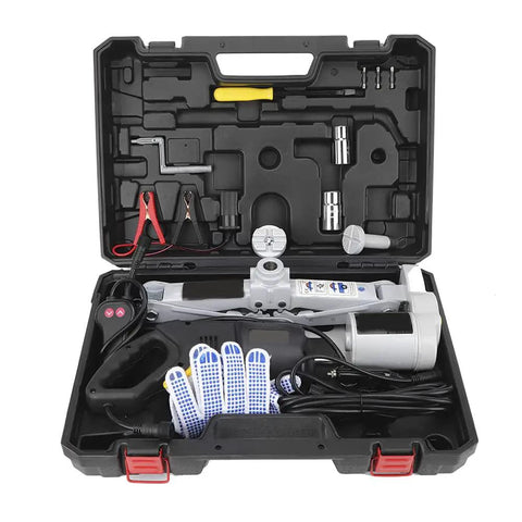 Heavy Duty Electric Floor Jack And Snappy Impact Wrench Tire Lifting Set For Fast Car Care in a protective case with tools.