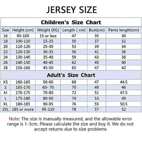 Jersey size chart for children and adults, showing height, weight, length, bust, and pants length in cm