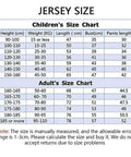 JERSEY SIZE Children's and adults size chart with height, weight, length, bust and pants measurements in cm