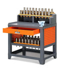 Heavy Duty Steel Workbench With Rolling Tool Storage Cart Featuring Dual Lockable Drawers For Garage Setup, gray and orange design.