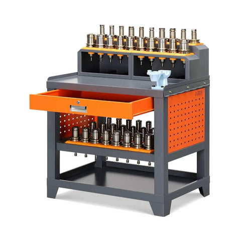 Heavy Duty Workbench And Rolling Tool Cart With Double Locking Drawers Tough Industrial Shop Beast For Garage Builds And Pain Free Gear Organization Solutions, featuring orange drawers and storage for tools.