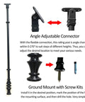 Built Tough Metal Round Baluster Railing Post For Stairway Banisters And Deck Fences With No Sweat Ground Mount Setup For Straight Lines Or Tight Spiral Angles showing angle adjustable connector and ground mount.