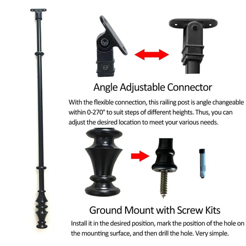 Built Tough Metal Round Baluster Railing Post For Stairway Banisters And Deck Fences With No Sweat Ground Mount Setup For Straight Lines Or Tight Spiral Angles showing angle adjustable connector and ground mount.