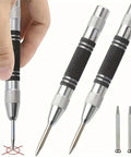 Rugged As Nails Automatic Center Punch With Two Additional Points Five Inch Coil Spring Steel Marking Tool in hand for precise metal drilling.