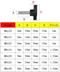 Size chart for thumb screws with dimensions A, B, C, D; 4 Pack M8 X 30mm Thumb Screws 304 Stainless Steel With 36mm Knurled Z Handle