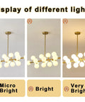 Four Light Sputnik Chandelier Ceiling Light With Adjustable Arms in black and gold, brightness display stages shown