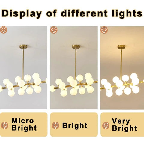 Four Light Sputnik Chandelier Ceiling Light With Adjustable Arms in black and gold, brightness display stages shown