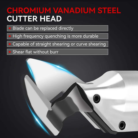 Close-up of chromium vanadium steel cutter head for Beefy Cordless Metal Shears With 20V 2x2000mAh Batteries and brushless motor.