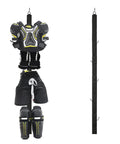 Portable Hockey Gear Drying Rack With Five Sturdy Hooks hang ice hockey skates, pads, and helmet shown with equipment on hooks