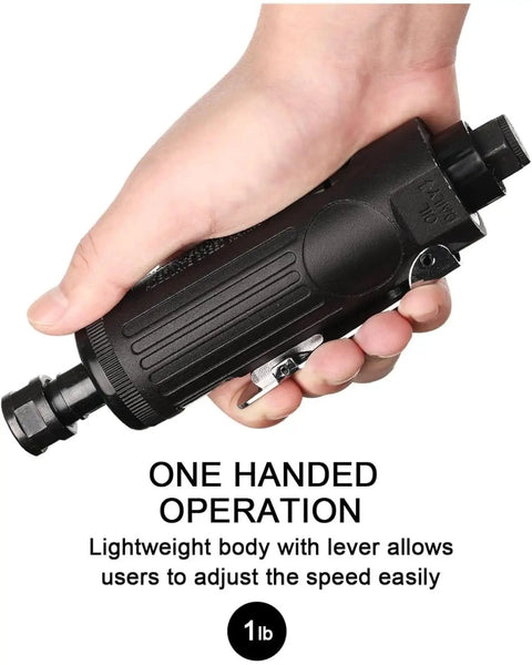 No Nonsense Air Die Grinder Crushing It At 22000 Rpm With A Straight Pneumatic Body, held in one hand for speed adjustment.