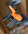 Heavy Duty 22 Piece Long Hex Key Set SAE And Metric Heat Treated L Style Allen Wrenches being held in gloved hands.