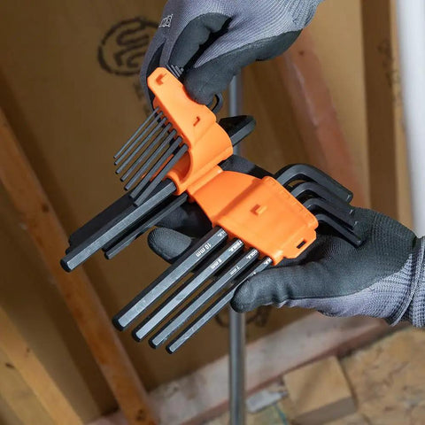 Heavy Duty 22 Piece Long Hex Key Set SAE And Metric Heat Treated L Style Allen Wrenches being held in gloved hands.