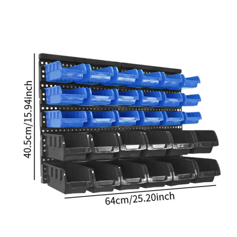 Rock Solid Heavy Duty Wall Mount Tool Organizer Rack With Thirty Spacious Compartments in blue and black, dimensions 64cm x 40.5cm.