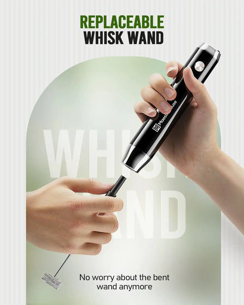Rechargeable Handheld Milk Frother LunaFro NS Electric Foam Maker With Detachable Stainless Steel Whisk shown in hand