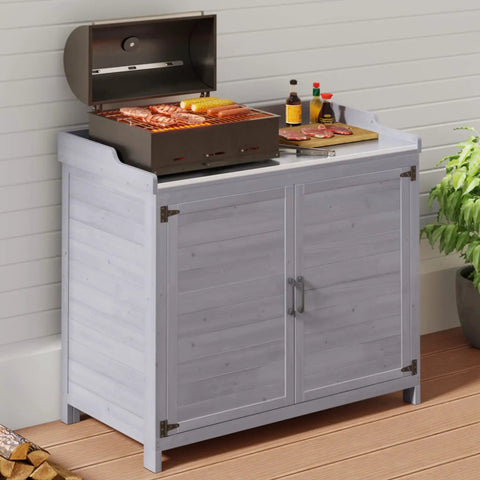 Outdoor Potting Bench With Metal Tabletop And Double Doors Cabinet, Weatherproof Garden Work Station With Adjustable Shelf