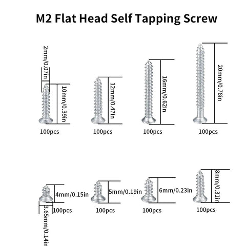 M2 Flat Head Self Tapping Screws Assortment Kit featuring sizes 2mm to 20mm in nickel plated carbon steel for woodworking.