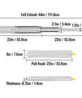 Dimensions of Heavy Duty 22 Inch Drawer Slides 500 Lb Full Extension Side Mount Ball Bearing Rails With Dual Lock shown in inches and cm
