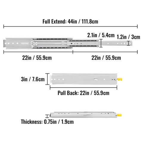 Dimensions of Heavy Duty 22 Inch Drawer Slides 500 Lb Full Extension Side Mount Ball Bearing Rails With Dual Lock shown in inches and cm