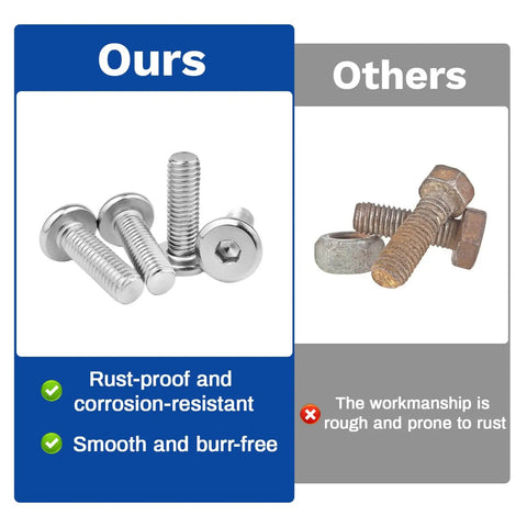 Comparison of 30Pcs M5 x 12mm Flat Head Hex Socket Cap Screws Set 304 Stainless Steel Fully Threaded Bolts With Hex Key And Screwdriver Bit Corrosion-Resistant For Furniture Machinery Indoor Outdoor Use and rusted bolts.