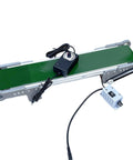 Compact Portable Automatic Belt Conveyor Table For Smooth Factory Lines With Anti Static Durable Pvc Moving Belt Straight Setup, featuring a green PVC track and control panel.