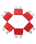 100 Pack 10 Amp Atc Ato Standard Fuse Blades For Cars Trucks Boats Rvs With Tin Plated Zinc Terminals Offering Legit Heavy Duty No Sweat Short Circuit Protection, red blades arranged in a circle.