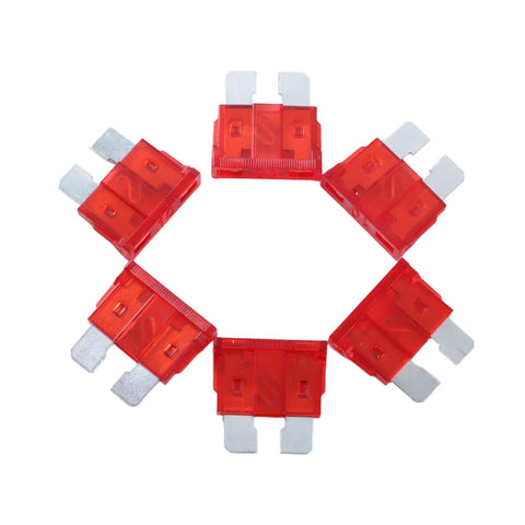 100 Pack 10 Amp Atc Ato Standard Fuse Blades For Cars Trucks Boats Rvs With Tin Plated Zinc Terminals Offering Legit Heavy Duty No Sweat Short Circuit Protection, red blades arranged in a circle.