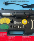 Knockout Compact Angle Grinder With A Solid 90 Degree Elbow Head For Tough Cutting Grinding And Polishing In Tight Squeezes Backed By Reliable Dual Voltage Muscle tools in a plastic box, including discs and attachments.