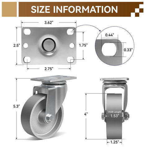 Technical diagram of 4 Inch Heavy Duty Cast Iron Caster Wheels Set Of 4 With 1600 Lb Load Capacity showing dimensions and construction details.