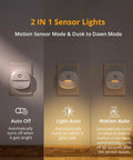 Plug In Night Light With Motion Sensor And Dusk To Dawn Sensor Dimmable Warm Nightlight With Auto On In The Dark No Brainer Brightness From 1 To 50 Lumens Indoor Use For Bedroom Bathroom Hallway Stairs 4 Pack showing auto, light, and motion modes.