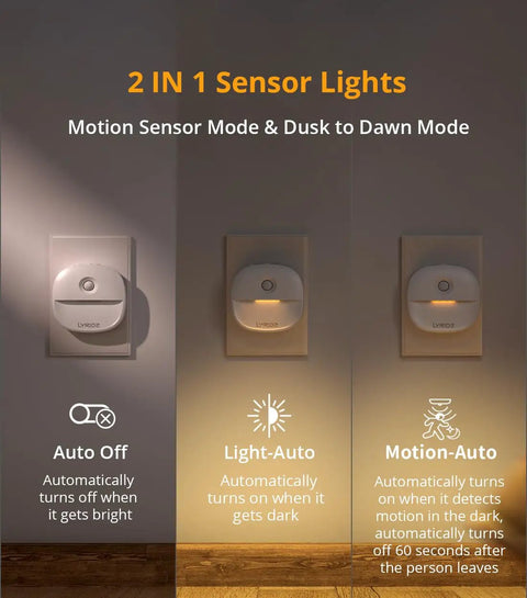 Plug In Night Light With Motion Sensor And Dusk To Dawn Sensor Dimmable Warm Nightlight With Auto On In The Dark No Brainer Brightness From 1 To 50 Lumens Indoor Use For Bedroom Bathroom Hallway Stairs 4 Pack showing auto, light, and motion modes.