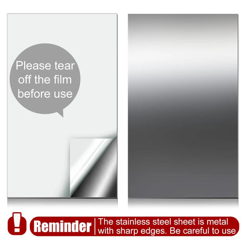 Stainless steel sheets (2 pcs), 304 grade, 12 x 6 x 0.018 in, non-magnetic for crafts and kitchen DIY; packaging front view