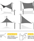 Diagrams showing installation of Waterproof Sun Shade Sail 10x13 Feet Rectangular Dark Grey UV Blocking Canopy For Outdoor Patio Deck And Yard With Curved Edges Shade Cloth Weatherproof Rain Shade Customizable Fit.