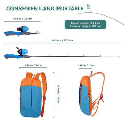 Two Pack Kid Friendly Fishing Pole Kit With Portable Telescopic Rod Tackle Box Nets And Buckets showing rod and backpack dimensions