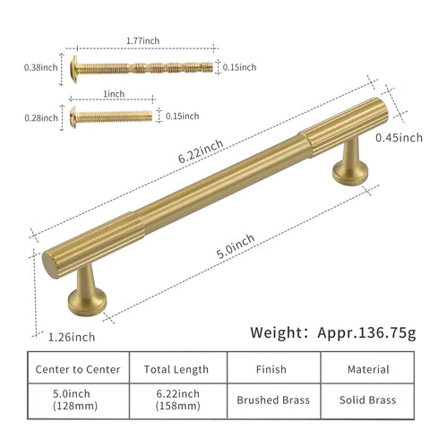 Brushed Gold Modern Kitchen Cabinet Handles Set 5 Pack Solid Brass Drawer Pulls for Dresser Bedroom and Bathroom Five Inch Hole Centers Elegant Hardware