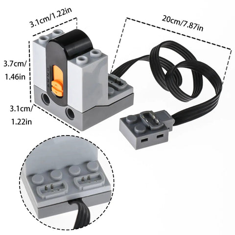 Close-up of a motor component with measurements from the 36 Pcs Power Functions Motor Set For STEM Building Blocks Do It Yourself Friendly Tech Parts And Motor Kit