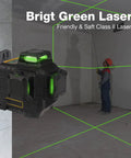 Pro Grade 3X360 Degree Self Leveling Laser Level Featuring Bright Green Cross Lines, mounted on wall with vertical and horizontal beams.